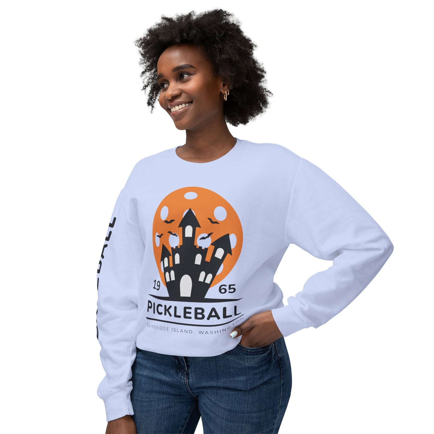 Pickleball Halloween Haunted House Unisex Lightweight Crewneck Sweatshirt