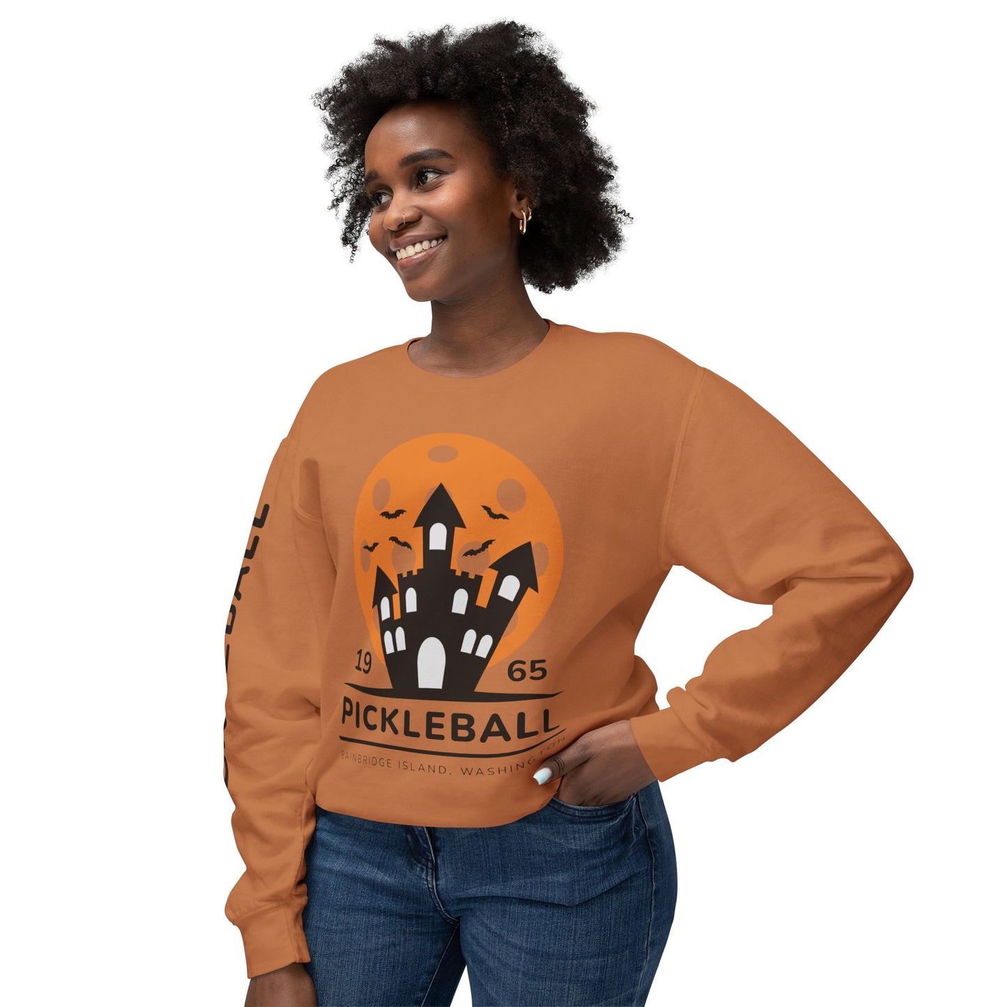 Pickleball Halloween Haunted House Unisex Lightweight Crewneck Sweatshirt