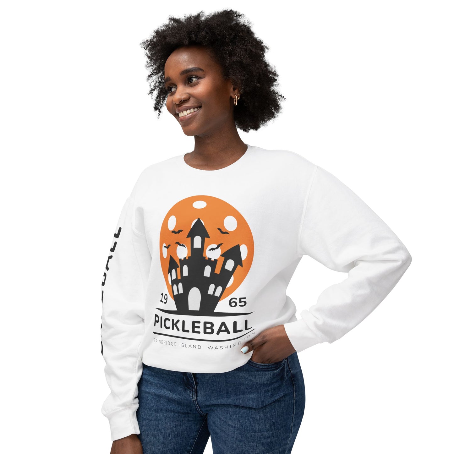 Pickleball Halloween Haunted House Unisex Lightweight Crewneck Sweatshirt