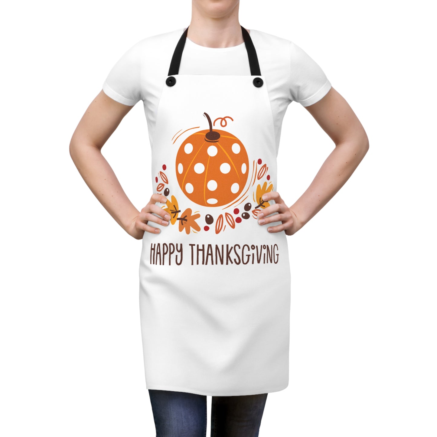 Pickleball Pumpkin Happy Thanksgiving Apron — "Happy Thanksgiving" Holiday Kitchen Gift