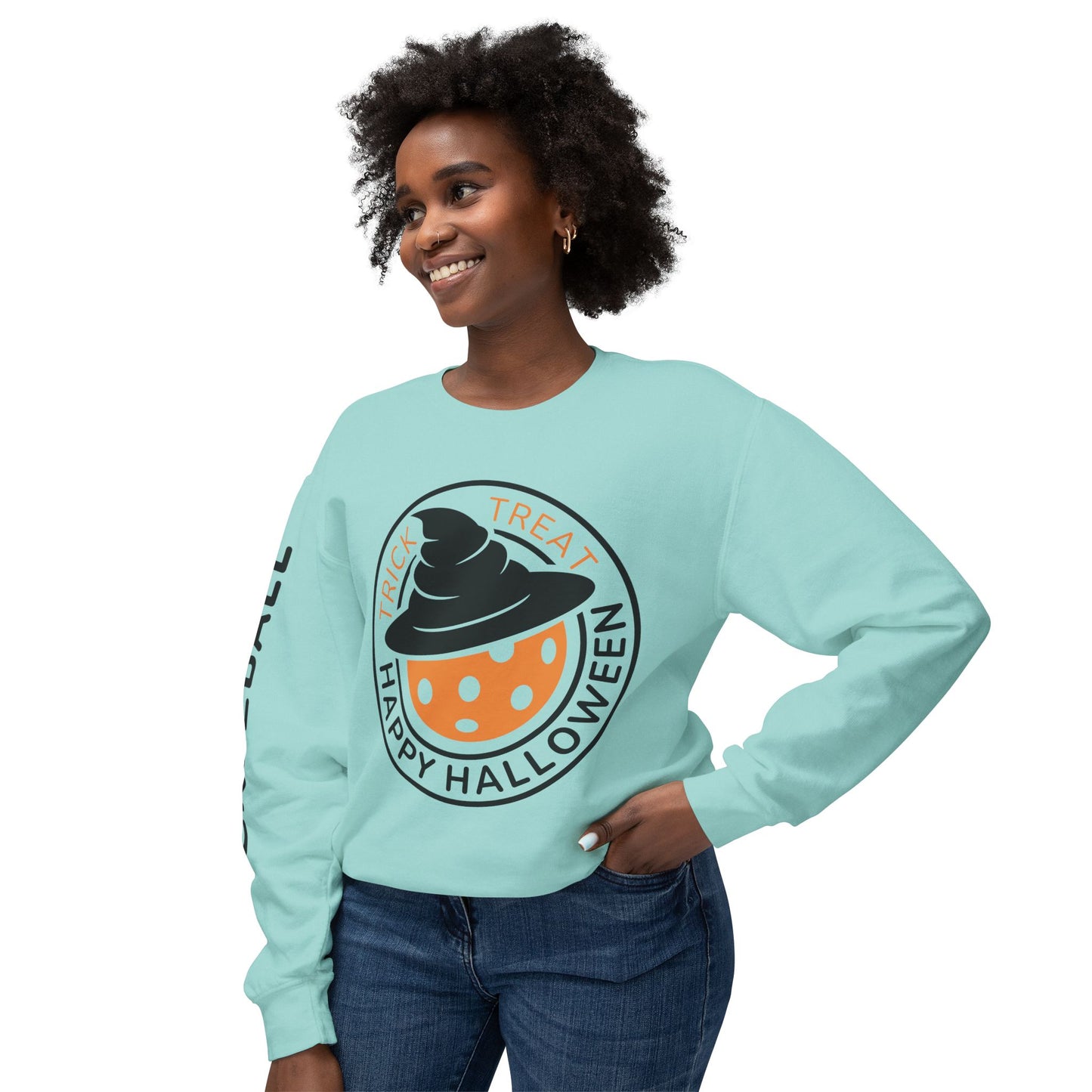 Pickleball Halloween Pumpkin Unisex Lightweight Crewneck Sweatshirt