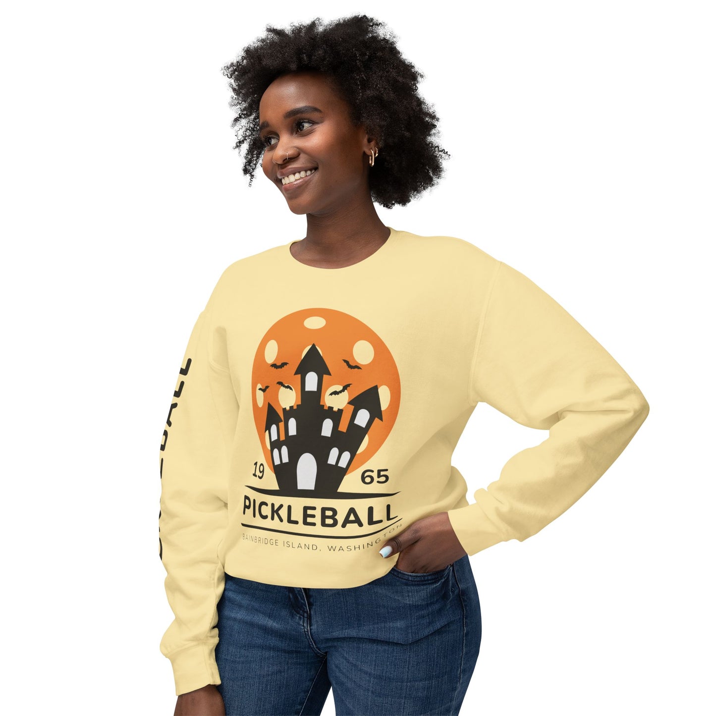 Pickleball Halloween Haunted House Unisex Lightweight Crewneck Sweatshirt