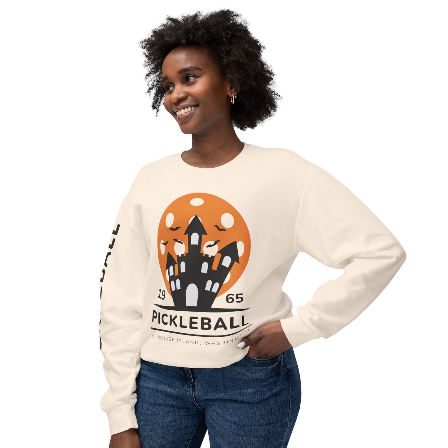 Pickleball Halloween Haunted House Unisex Lightweight Crewneck Sweatshirt